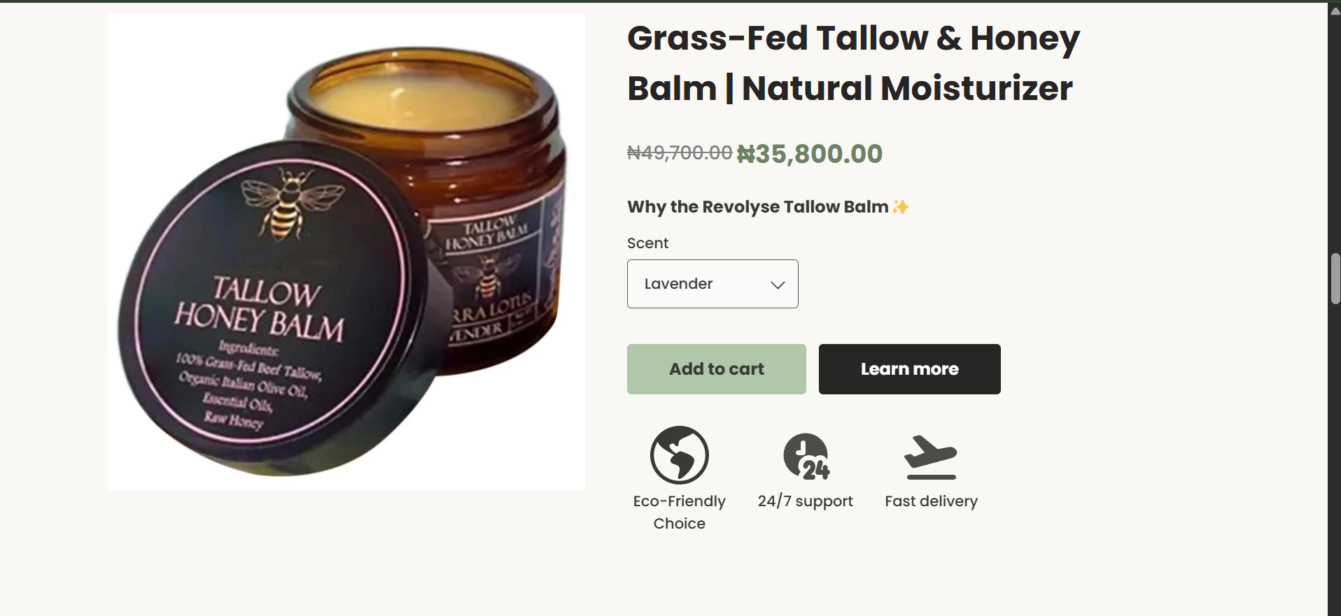 Revolyse tallow and honey balm product page